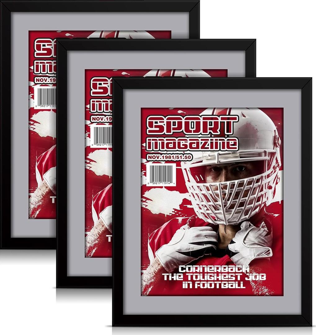 Geetery 3 PCS Sports Magazine Frame Fits Measuring 8.5 x 11.25 Inch Magazine Display Frame with Installed Hangers and Core Matting Plastic for Wall Hanging(Black, Grey Mat)