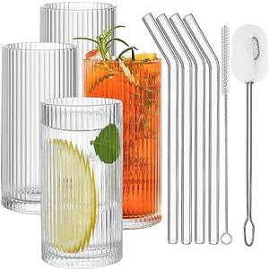 Glass Cups with Straws, 12 OZ Ribbed Glassware Drinking Glasses Set of 4, Fluted Iced Coffee Cups, Origami Style Ridged Tumbler for Coocktail, Whiskey, Beer - 2 Brush