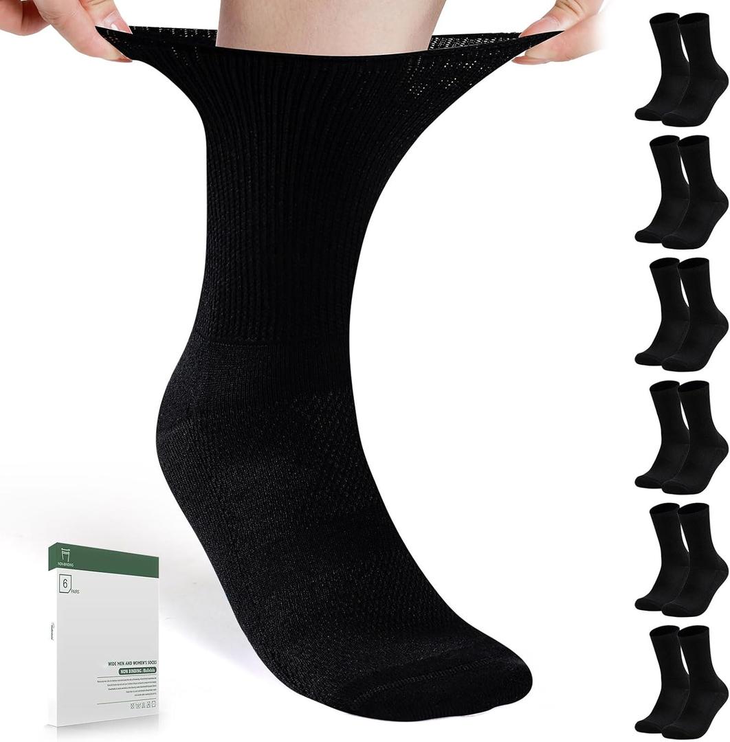 Bulinlulu Diabetic Socks for Men Women-6 Pairs Non Binding Crew Diabetic Neuropathy Socks with Seamless Toe  (Large, Black)