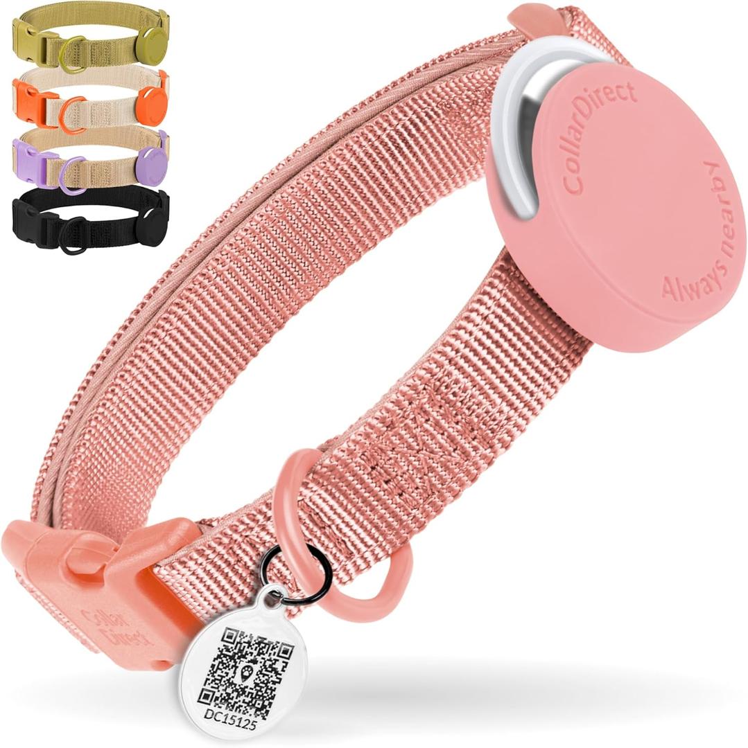 CollarDirect Airtag Nylon Dog Collar Silicon Holder Designed for Apple Airtag with QR Tags Personalized Dogs Puppies 5 Colors Black Pink Violet Green Orange (Pink, S)