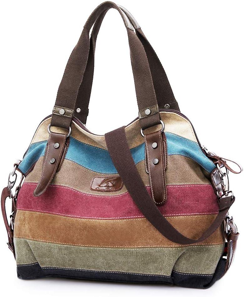 Canvas Handbag Multi-Color Striped Lattice Cross Body Shoulder Purse Bag Tote-Handbag for Women