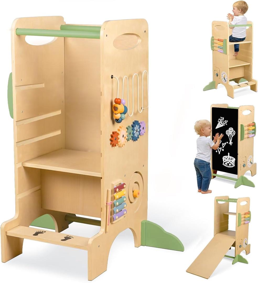 aiwo Toddler Tower Kitchen Step Stool, 3 Adjustable Height Standing Tower for Kitchen Counter, Chalkboard & Montessori Learning Activities