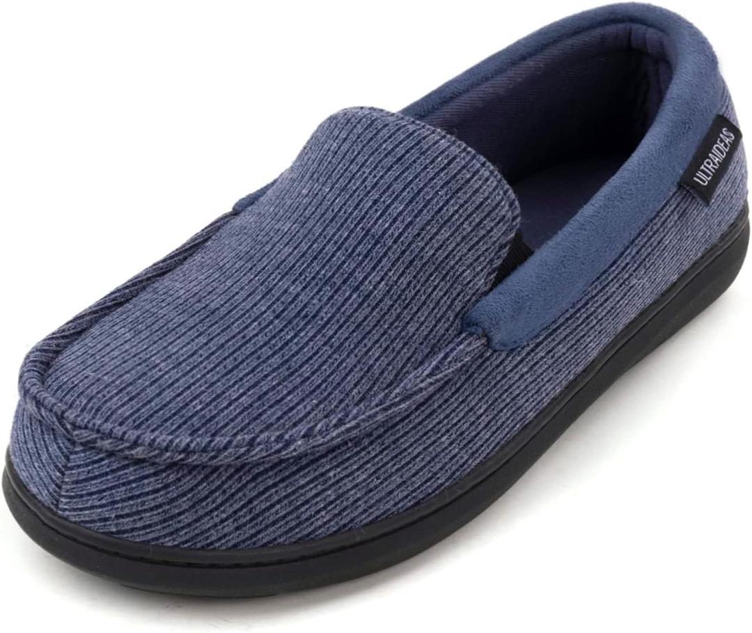 ULTRAIDEAS Men's Moc-Toe Slippers Loafer House Shoes Indoor Outdoor Memory Foam with Breathable&Warm Knit Upper (9, Aegean Blue)