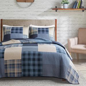 Woolrich Reversible Cotton Quilt Set - Cottage Styling Reversed to Solid Color, All Season Patchwork Lightweight Coverlet, Matching Shams, Winter Hills, Oversized Twin/Twin XL, Blue 2 Piece