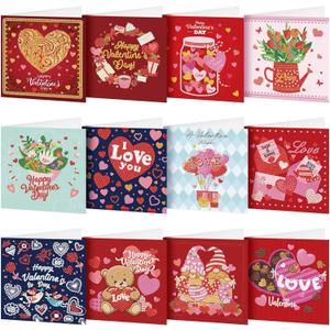 Saillong 12 Pack Valentine's Day Diamond Painting Greeting Card Kit Valentine Diamond Art Cards with Envelopes 5D Rhinestones Painting Making Kits for Adult DIY Craft Family Friend Holiday Gifts