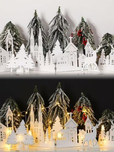 Colingmill 32 Inch Christmas Tabletop Decoration Wooden Christmas Themed White Church Xmas Tree and Elk Signs Farmhouse Centerpiece Decor for Home Kitchen Table Shelf Decor