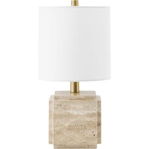 Henn&Hart 15.5'' Eclectic 1-Light Stone Table Lamp with White Fabric Drum Shade for Living Room, Bedroom, or Office, Natural Travertine