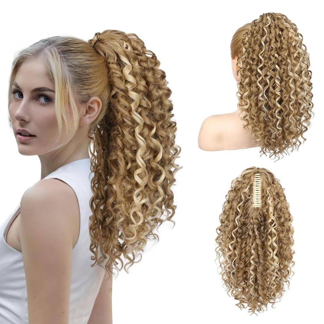 REECHO Ponytail Extension, Curly Claw Clip Ponytail Hair Extension Synthetic Clip in Pony Tails Cheer Ponytail Hair Piece for Dance Sports Daily, Medium Blonde with Blonde Highlights