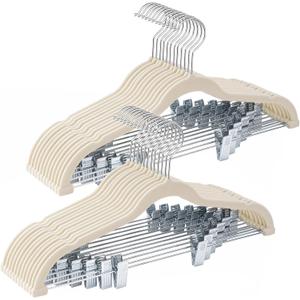 24-Pack Beige Velvet Hangers with Clips Adjustable,Adult Hangers,Heavy-Duty,Felt,Non-Slip,Space Saving,Slim Outfit Hanger for Pants, Skirts, Suits,Coats, Dresses ect.