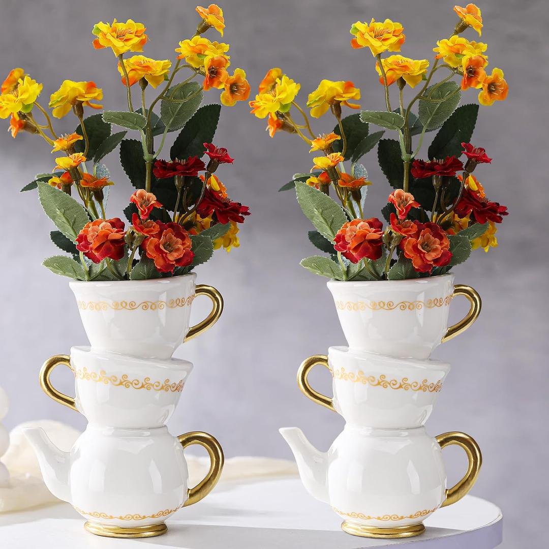 Tioncy Mini Teacup Bud Vase 5" Wonderland Tea Party Decorations Antique Vintage Kitchen Decor Whimsy Ceramic Vase Tea Party Favor for Wedding Gift Birthday Bridal Showers Home(2 Pcs)