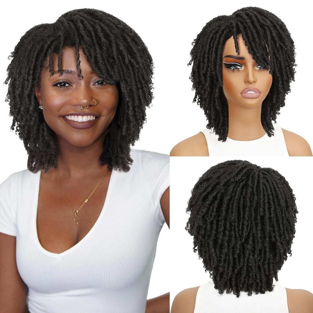 HANNE Dreadlock Wig Short Twist Wigs for Black Women and Men Afro Curly Synthetic Wig (Black)