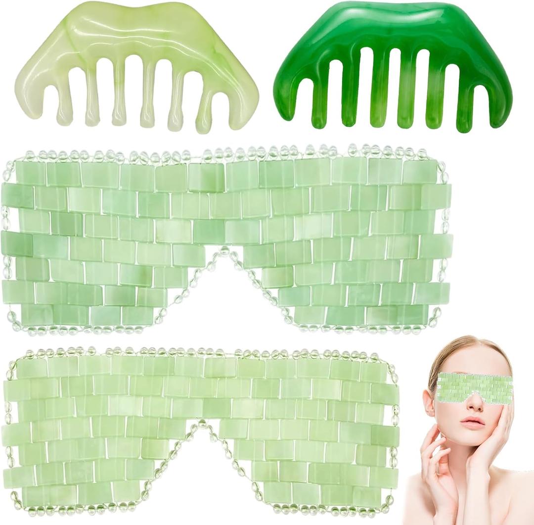 Jade Eye Mask 2 Pcs Jade Eye Mask for Facials can Relieve Puffiness and Relieve Eye Cover (Comes with Massage M-Shaped Comb *1, Eight-Tooth Comb *1)