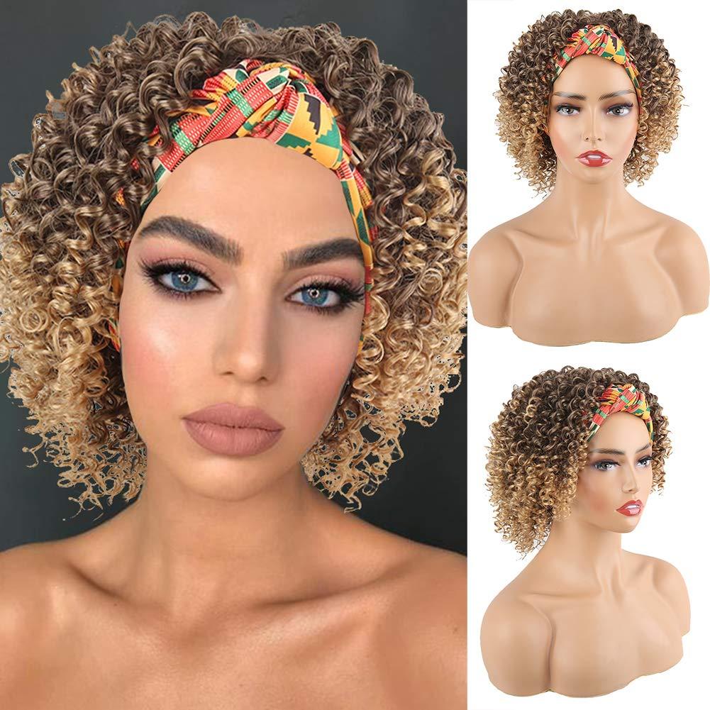 Aisaide Headband Wigs for Black Women Synthetic Short Kinky Curly Afro Golden Wig with Headband Attached Scarf Wigs Deep Curly Non-Lace Front Wig Head Wrap Wig 2 in 1 Synthetic Curly Hair Wigs