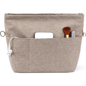 VANCORE Purse Bag Organizer Insert with 13 Pockets, Handbag and Tote Bag Inside Shaper with Zipper (Medium-11.9*10*3.6*8.4in, Khaki)