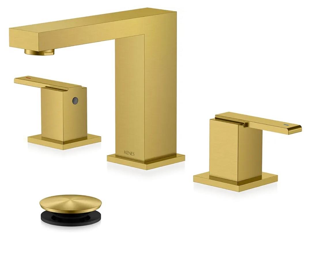 KENES Brushed Gold Widespread Bathroom Faucet 3 Hole Bathroom Sink Faucet Gold Two Handle, 8-Inch 3 Pieces Bathroom Vanity Faucet with Pop Up Drain & Supply Lines, KE-9050-4-P