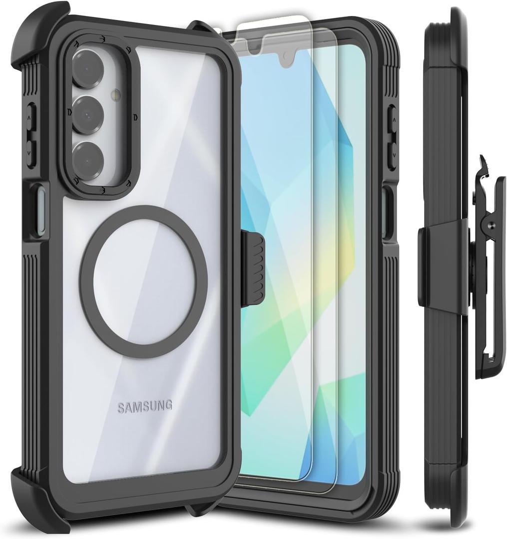 for Samsung Galaxy A16 5G Case, [Transparent & Holster Series] Belt Clip Full Body Shockproof Protective Cell Phone Cover with 2 Pack Tempered Glass Screen Protector (Black/Clear)