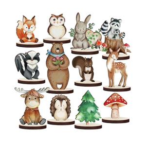 Geetery 12 Pcs Woodland Animals Wooden Animal Cutout Shapes Forest Painted Woodland Baby Shower Decorations Wild Creatures Wood Table Centerpieces for Forest Camp Party Supplies (Cute)