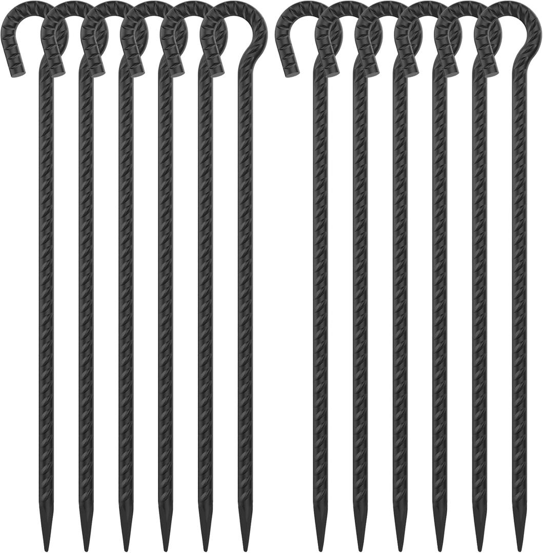 18 Inch Rebar Stakes 1/2" Diameter 12 Pack, Heavy Duty Tent Stakes with Loop, Ground Stakes for Camping Canopy Trampoline, Garden Tree Support, Dog Tie Out, Black