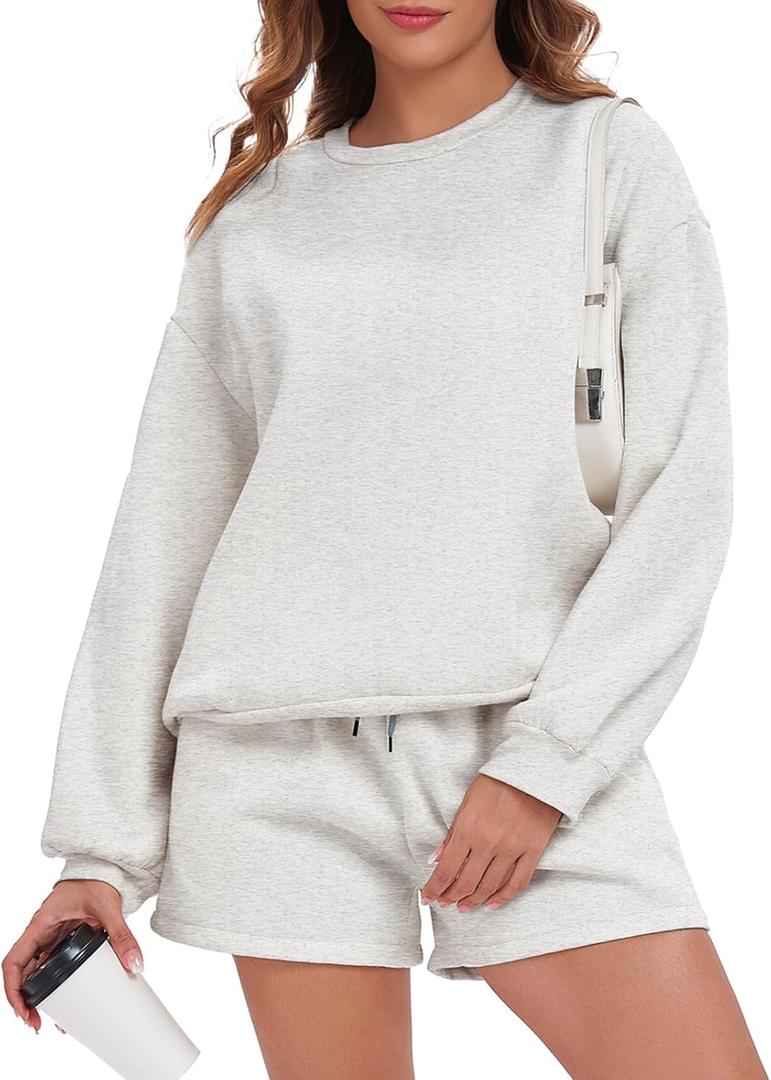 Womens 2 Piece Outfits Sweatsuit Sweat Shorts Sets Oversized Lounge Matching Sets Fashion Tracksuit Set (X-Large, Light Grey)