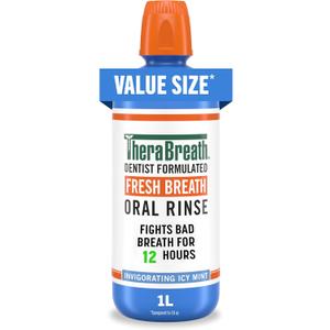 TheraBreath Fresh Breath Oral Rinse, Invigorating ICY Mint Flavor, Dentist Formulated and ADA-Accepted Mouthwash pH-Balanced, Alcohol Free & Non-Burning, 1 Liter