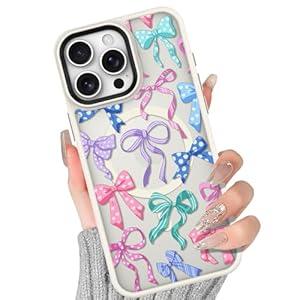 BITOBE Case for iPhone 15 Pro [Compatible with MagSafe] Cute Ribbon Bow Pattern for Women Girls Soft TPU Bumper Translucent Magnetic Slim Protective Cover - Bows