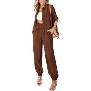 BTFBM Women's 2025 Summer 2 Piece Outfits Tracksuit Short Sleeve Cropped Button Down Shirt Long Pant Lounge Matching Set (X-Large, Brown)