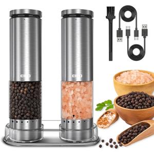Electric Salt and Pepper Grinder Set Rechargeable, Automatic Salt and Pepper Shakers Mills External Adjustable Coarseness, Kitchen Gadgets, Stocking Stuffers Christmas Cooking Gifts for Men Women (Storage Base-Stainless Steel Set)