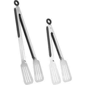 Metal Tongs for Cooking, Set of 2 Stainless Steel Spatula Tongs for Grilling, Cooking and Flipping, Strong Grip for Ribs, Steak and Fish, Comfortable Grip, Easy Pull Lock, 9 inch & 12 inch