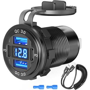 12V USB C Outlet 78W 4 Ports Aluminum Car Charger Socket, Dual PD 30W and Dual QC 18W Car USB Port 12V Charger with Voltmeter and C to C Cable, Suitable for Boat Marine Bus Truck Golf RV Motorcycle