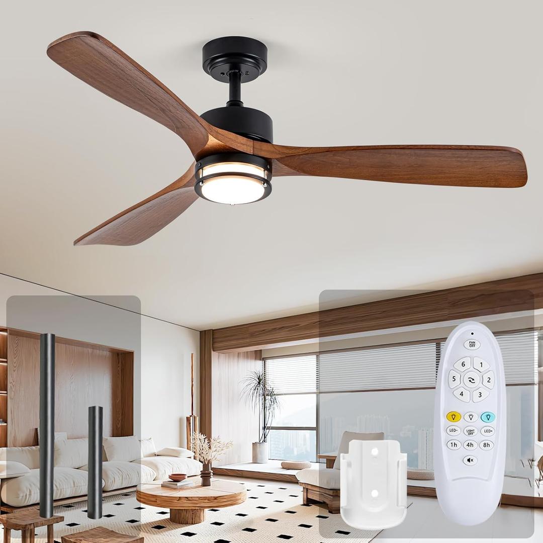 52 Outdoor Ceiling Fan with Light, 3 Walnut Solid Wood Blade, Remote Control, 3CCT Dimmable LED, Timer, 6-Speed Reversible Motor All-Weather Use for Living Room or Patio