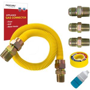 PROCURU 1/2" OD x 24" (2Ft) Universal Flexible Gas Connector Kit, SafeGuard Yellow-Coated Stainless Steel Gas Supply Pipe for Dryers, Bbq Grills, Water Heaters (Red-A1 Series)