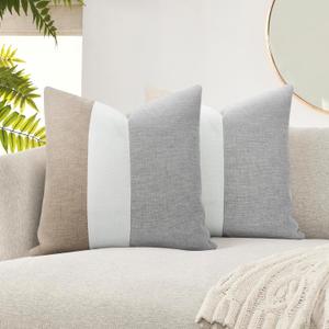 Decorative Farmhouse Linen Throw Pillow Covers 18x18 Set of 4, Boho Modern Accent Square Pillow Covers,Black and Beige Stripe Patchwork Cushion Cover for Sofa Bed Couch Chair Bedroom (18" x 18" (Pack of 4), Khaki and White-3)