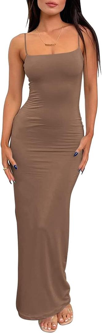 LILLUSORY Womens Summer Casual Slip Dresses Spaghetti Strap Double Lined Bodycon Maxi Dress (Small, Brown)