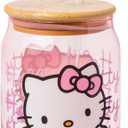 Silver Buffalo Sanrio Hello Kitty Waving Pink Glass Jar Tumbler with Bamboo Lid and Glass Straw, 16 Ounces