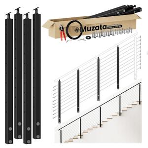 Muzata 12-16FT Modular Black Side Mount Cable Railing Kit 36 Inch 4 Stair Post Kit Complete Set Cable Railing System for Stairs Length Adjustable Easy DIY with Paper User Guide (No Handrail) RW29, 12-16ft Stair post kit