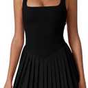 QINSEN Womens Square Neck Tennis Dress Pleated Sleeveless Built in Shorts Golf Athletic Dress with Pockets, XL