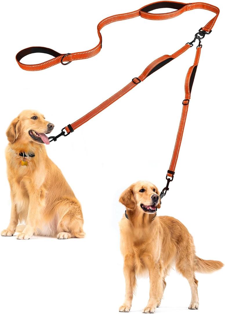 PetBonus Double Lead for 2 Dogs, No Tangle Lead for 2 Dogs, Large, Adjustable, Reflective, Double Leads with 4 Cosy Padded Handles (Orange), Size L