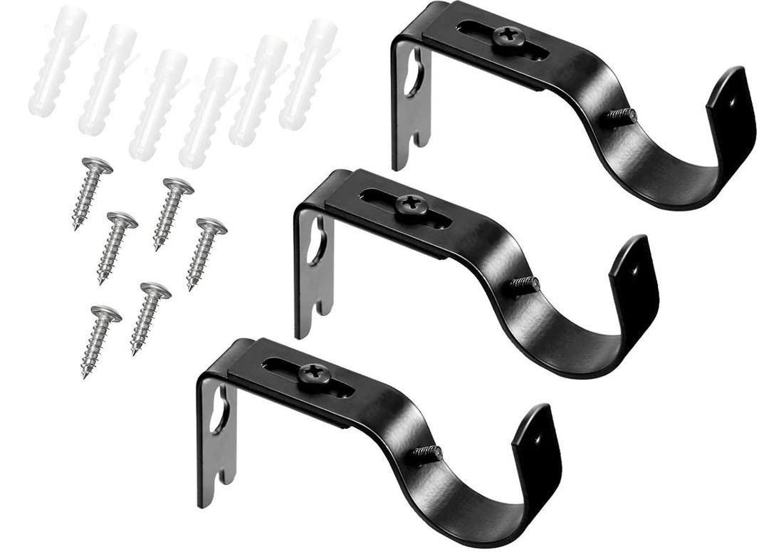Frienda 3 Pcs Curtain Rod Brackets Adjustable Holder Wall for 1 Inch Diameter Curtain Rod General Bracket Hooks with Screws (Bright Black)