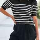 ZESICA Women's Casual Striped Tops Short Sleeve Crew Neck Ribbed Knit T Shirts Comfy Loose Basic Pullover Sweater (Black)