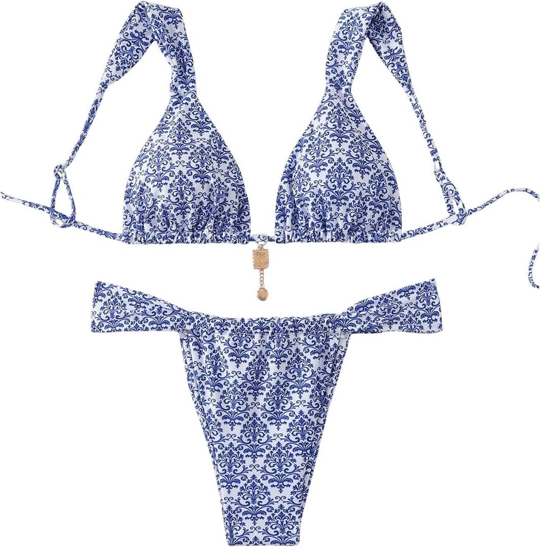 SHENHE Women's Two Piece Swimsuits Triangle V Neck Ruched Brazilian Bikini Set Boho Swimwear (Medium, Tribal Blue White)