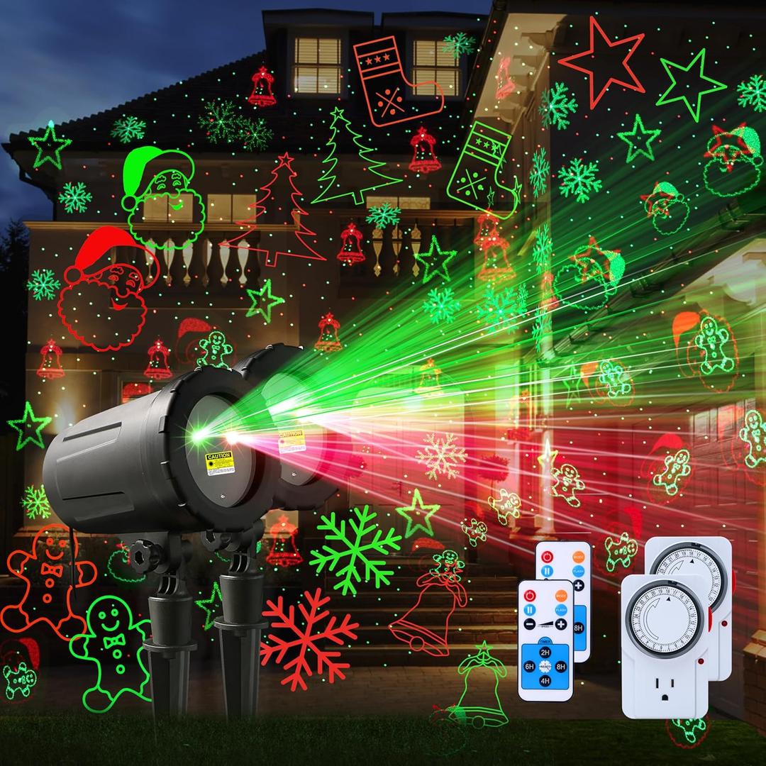 2-Pack Christmas Projector Lights Outdoor Laser Projection with Remote & Bonus Timer  8 Festive Red & Green Patterns, IP65 Waterproof Xmas Laser Light for Lawn, Garden, Yard & Patio Decorations