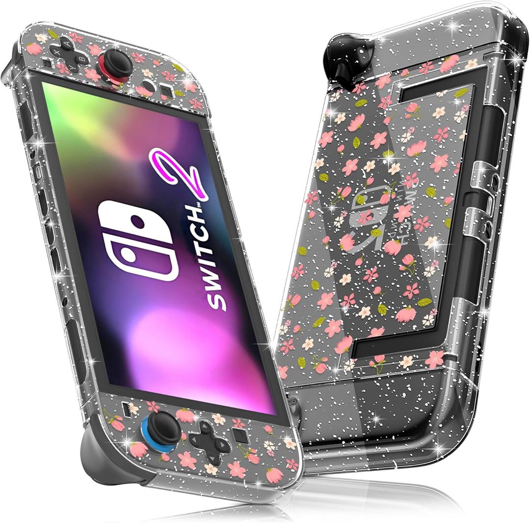FUNDIARY Clear Case for Switch 2 with Glitter Sakura Design, Shock-Absorption Accessories with Slim Hard PC Protective Cover Skin and Ergonomic Grip Case for Switch 2 Game Console & Grips Controller