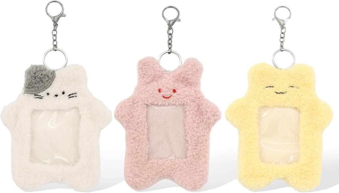 3 Pcs Card Holder Keychain, Cartoon Plush Photocard Holder with Keychain Pendant, Cute Animal Shape, Outdoor Girl Korean Style ID Card Cover Protective Office Supplies