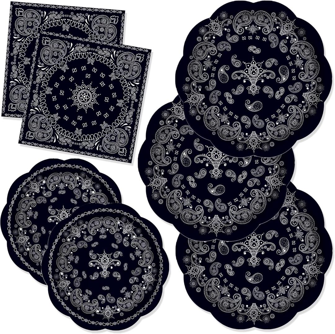 CC HOME Black Bandana Birthday Paper Plates Napkins Paisley Print Disposable Tableware Set Party Supplies Western Cowboy Theme Dinnerware Sets Serves 24 Guests for Party Plates Napkins 88PCS