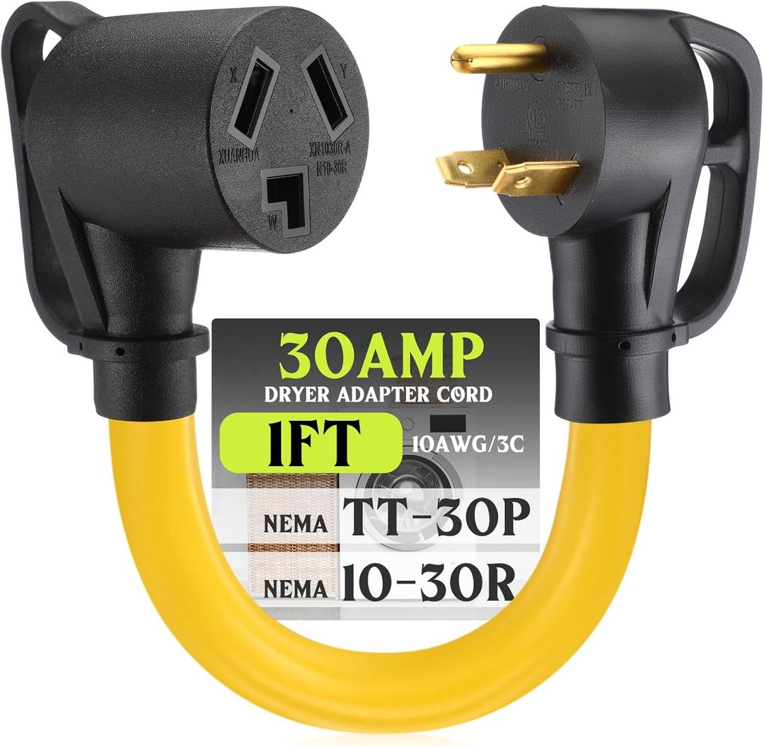 Kanayu 30amp Dryer Adapter Cord Compatible with Nema TT-30p Male to 10-30r Female, 3 Prong Male to 3 Prong Female Power Cord for Rv Generator to Dryer with Handle, Stw 10 Awg/3c, 1ft, Etl Listed (Yellow)
