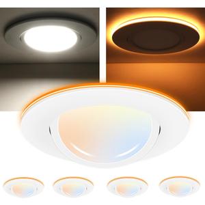 CLOUDY BAY [4 Pack] 6 inch 5 Color Swivel LED Gimbal Recessed Light with Night Light,12W CRI80+ 950LM,2700K/3000K/3500K/4000K/5000KCanless Angled Adjustable Ceiling Downlight, White Finish