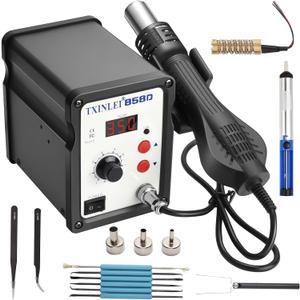 858D 110V Solder Station, Digital Display SMD Hot Air Rework Station Solder Iron Kit Heat Gun, Tweezers, Desoldering Pump