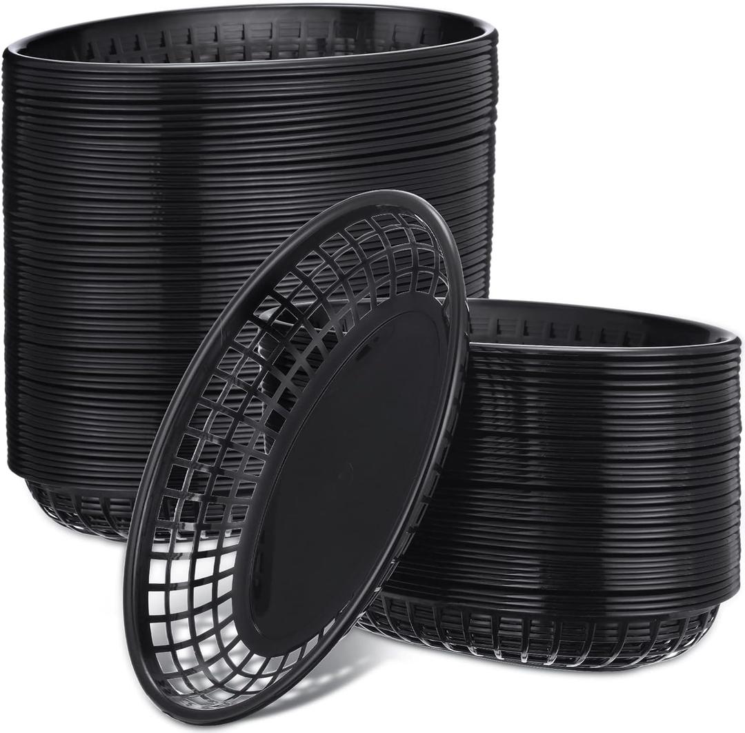 Potchen 100 Pcs Fast Food Baskets 8.9 x 5.5 Inch Plastic Baskets for Food Black Chip Tray Reusable Bread Fry Oval Serving Tray for Restaurant Supplies Hot Dog Deli Serving Chicken