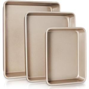 HONGBAKE Deep Baking Pans Set for Oven, Nonstick Rectangle Sheet Cake Pans for Baking, 13/11/9 Inch Rectangular Oven Tray for Cooking Brownie Lasagna, Stackable Multi-Depth Bakeware, Golden