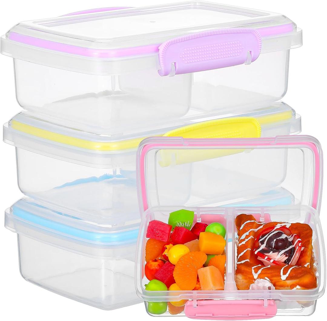 MAQUITA 4 Pack 6.7 x 3.7 x 2 inch Plastic Snack Container with Lids, 2 Compartment Food Container, Travel Lunch Containers with forks for Fruits/Candies, Divided Food Storage Container
